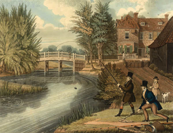 Men fishing on the river, fly fishing, around 1850, England, historical, digitally restored reproduction from an original from the 19th century.