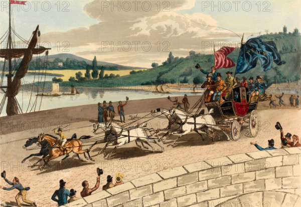 Carriage with the news of peace (Civil War in America), 1865, England, Historical, digitally restored reproduction from an original from the 19th century.