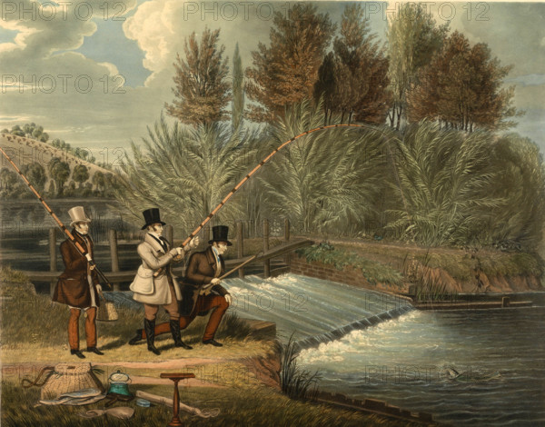 Fishing, couple fly fishing on the river, 1860, England, Historical, digitally restored reproduction from an original from the 19th century.