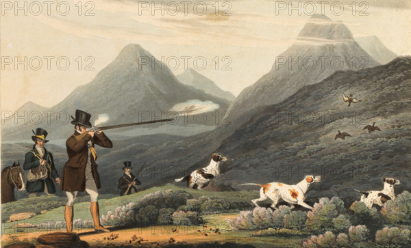 Grouse hunting in England, 1822, historical, digitally restored reproduction from an original from the 19th century.