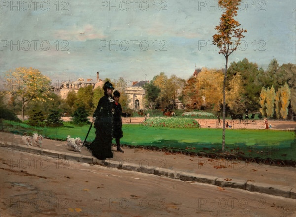 Giuseppe De Nittis 1846-1884 “Walk with dogs” 1874, 32 x 42 cm oil on paper.