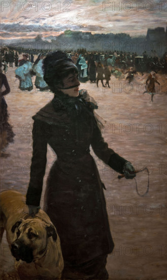 Giuseppe De Nittis 1846-1884 ”The Return from the Races (The Lady with the Dog)” 1878, 150x90cm oil on panel.