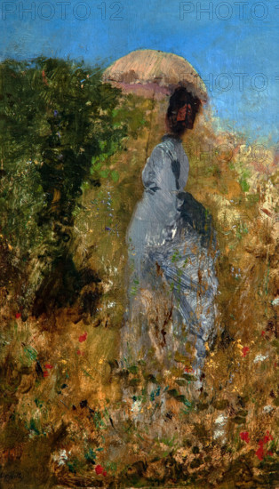 Giuseppe De Nittis 1846-1884 “In the Garden” 1873, 24.5 x 14.7 cm oil on panel.