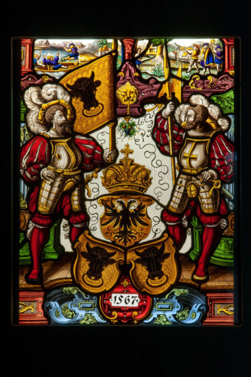 German manufacture “Stained glass window with coats of arms of the Cantons” 1567, 50 x 40 cm colored and leaded glass.