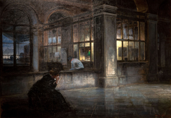 Luigi Selvatico 1873-1938 "Morning departure-Internal view of a station with figures” 1899, 118 x 168 cm oil on canvas.