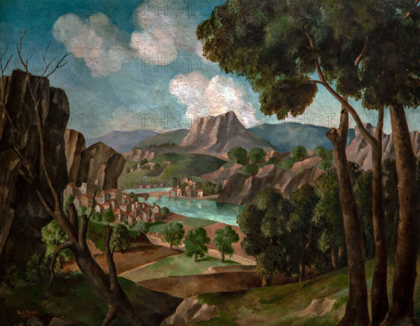 Renato Paresce 1888-1937 "Classic Landscape" 1923, 72.5 x 92 cm oil on canvas.