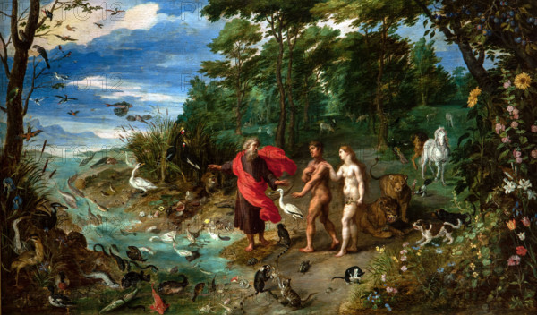 Jan Brueghel the Younger 1601-1678 "Adam and Eve in the Earthly Paradise" 1640, 48 x 83 cm oil on panel.