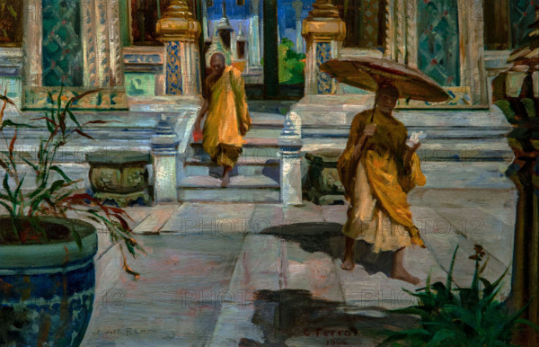 Carlo Cesare Ferro Milone 1880-1934 "Entrance to Wath Phra Keo in Banglok 1936, 27 x 60 cm oil on canvas.