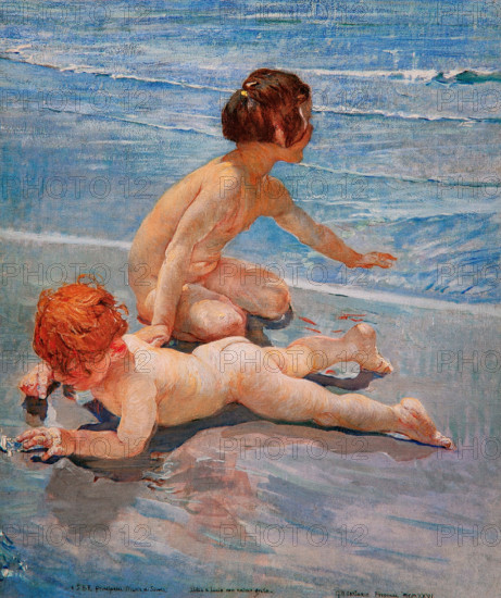 Lido Aristide Sartorio 1880-1932 "Lido e Lucio sulla spiaggia di Fregene" 1927, 48,8 x 43,3 olio su tela.