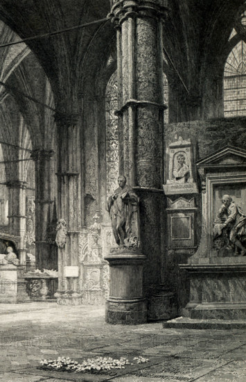 Dickens’ tomb is in the south transept of the Poets' Corner at Westminster Abbey in London, England, and is marked by a small stone inscription (area pictured here).This was per Dickens' wish and he wrote in his will: that my name be inscribed in plain English letters on my tomb... I rest my claims to the remembrance of my country upon my published works. Charles Dickens died June 9, 1870, and was buried at the Abbey on June 14. Charles Dickens (1812-1870) was an English writer and social critic, and considered by some the best novelist of the Victorian era. Some of his best-known works are David Copperfield, A Christmas Carol, A Tale of Two Cities. This illustration by John Saddler is from the 1874 edition of The Life of Charles Dickens Vol III 1852-1870   by John Forster. Saddler, an English line engraver (died 1892), based it on a watercolor by English Victorian painter Luke Fields (died 1927).