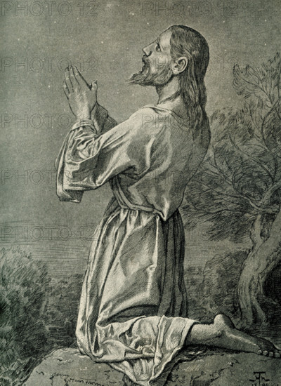 The German inscription for this 1899 image reads in English: ""Christ in Gethsemane by Hans Thoma, after the original 1894."" The Agony in the Garden of Gethsemane was an episode in the life of Jesus, the name of the man who Christians believe was the son of God, and whose teachings are the basis of Christianity, which appears in the four canonical gospels, between the Farewell Discourse at the conclusion of the Last Supper and Jesus' arrest.