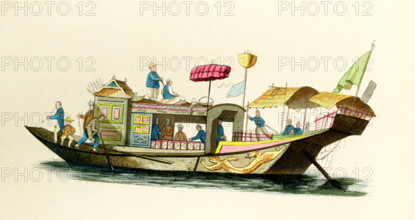 This 1840s illustration shows two Chinese junks. A junk is a type of Chinese sailing ship with fully battened sails. There are two types of junk in China: Northern junk, which is developed from Chinese river boats, and southern junk which is developed from Austronesian ship designs, examples of which have been trading with the Eastern Han dynasty since the 2nd century AD.