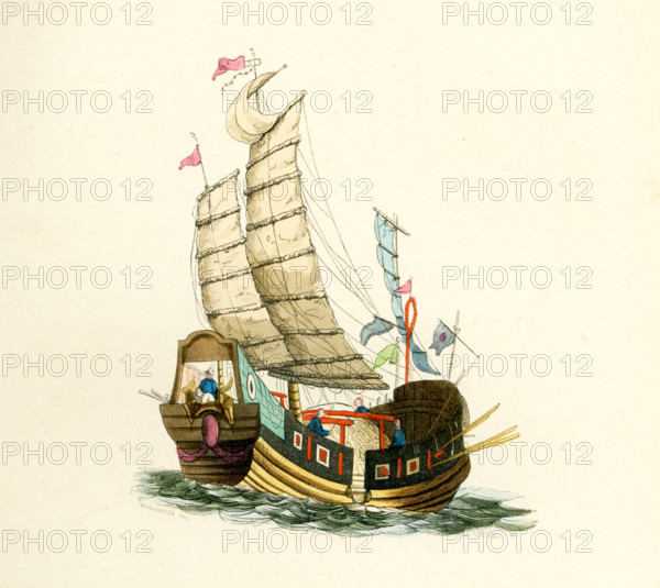 This 1840s illustration shows a Chinese junk. A junk is a type of Chinese sailing ship with fully battened sails. There are two types of junk in China: Northern junk, which is developed from Chinese river boats, and southern junk which is developed from Austronesian ship designs, examples of which have been trading with the Eastern Han dynasty since the 2nd century AD.