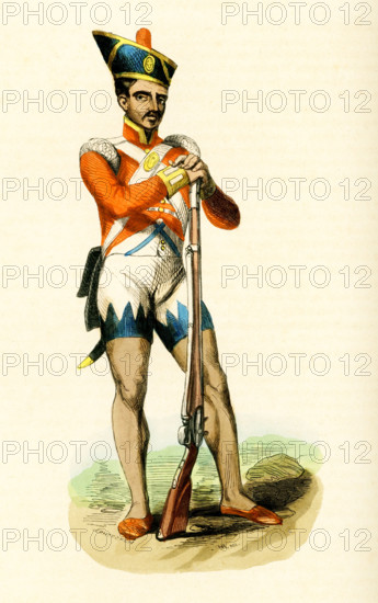 This 1840s illustration shows a Hindu or Indian soldier.