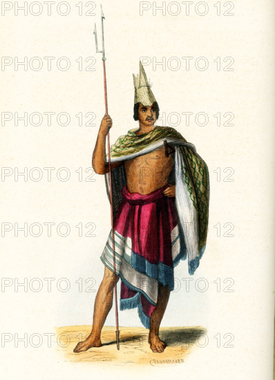 This 1840s illustration shows a native of the island of Rote in Indonesia. Rote Island is an island of Indonesia, part of the East Nusa Tenggara province of the Lesser Sunda Islands. Rote Island is part of the area of the world known as Oceania. Oceania is a geographic region that includes Australasia, Melanesia, Micronesia and Polynesia. Spanning the Eastern and Western Hemispheres, Oceania has a land area of 8,525,989 square kilometers.