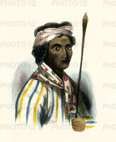 This 1840s illustration shows a rajah from Dao. Dao refers to a people in West New Guinea in Indonesia. Indonesia, officially the Republic of Indonesia, is a country in Southeast Asia and Oceania, between the Indian and Pacific oceans. It consists of more than seventeen thousand islands, including Sumatra, Java, Sulawesi, and parts of Borneo and New Guinea. Western New Guinea, also known as Papua, is the Indonesian part of the island of New Guinea. Since the island is alternatively named as Papua, the region is also called West Papua. Lying to the west of the independent state of Papua New Guinea, it is the one of the few Indonesian territories to be situated in Oceania.    .