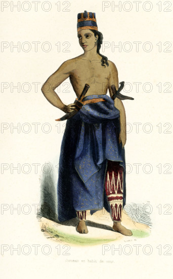 This 1840s illustration shows a Javanese man in court dress. The Javanese people are an ethnic group native to the Indonesian island of Java. With approximately 100 million people, they form the largest ethnic group in Indonesia. They are predominantly located in the central to eastern parts of the island.