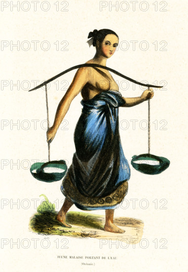 This 1840s illustration shows a young Malaysian woman carrying water. Malaysia is a Southeast Asian country occupying parts of the Malay Peninsula and the island of Borneo. It is known for its beaches, rainforests and mix of Malay, Chinese, Indian and European cultural influences. The capital is Kuala Lumpur. Malaysia is part of the area of the world known as Oceania. Oceania is a geographic region that includes Australasia, Melanesia, Micronesia and Polynesia. Spanning the Eastern and Western Hemispheres, Oceania has a land area of 8,525,989 square kilometers.