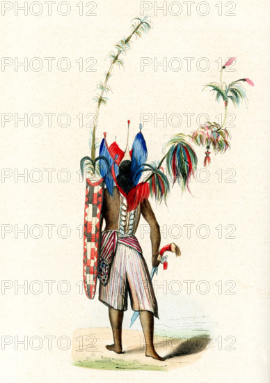 This 1840s illustration shows a warrior from the island of Solor. Solor is a volcanic island located off the eastern tip of Flores island in the Lesser Sunda Islands of Indonesia, in the Solor Archipelago. The island supports a small population that has been whaling for hundreds of years. They speak the languages of Adonara and Lamaholot. Solor is part of the area of the world known as Oceania. Oceania is a geographic region that includes Australasia, Melanesia, Micronesia and Polynesia. Spanning the Eastern and Western Hemispheres, Oceania has a land area of 8,525,989 square kilometers.