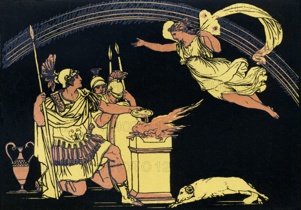 The first-century B.C. Roman poet Virgil wrote in his epic poem The Aeneid that the ""winged Iris, sitting on a cloud in front of a rainbow, appears to Turnus on the steps of the palace."" In Greek mythology (Roman as well, Iris was honored as the goddess of the rainbow.  In the tale of th Trojan War, Hera (Juno to the Romans), the queen of the gods and a deity who favored the Greeks over the Trojans, sends Iris to tell Turnus, chief of the Rutuli in Italy and the chief enemy of Aeneas once he arrives in Italy,  to attack Aeneas and his band of Trojans, and that the timing is good as Aeneas has left the camp to find King Evander. This illustration, dating to around 1900, shows Iris carrying the message to Turnus.