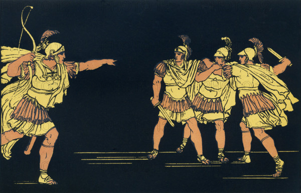 In the Roman epic poem, Aeneid, by Virgil, Nisus and Euryalus are two very good friends. They escape burning Troy with Aeneas and travel with him to Italy. When Aeneas goes in search of In Book 9, they enter the enemy camp of the Latins at night. They slaughter many Latins, but as they leave and are on their way back to their camp, the Latin helmet that Euryalus took glistens, attracting the attention of Latins. Misus manages to escape, but Euryalus is captured. Nisus returns to save his friend, as is shown here in this illustration that dates to around 1900.