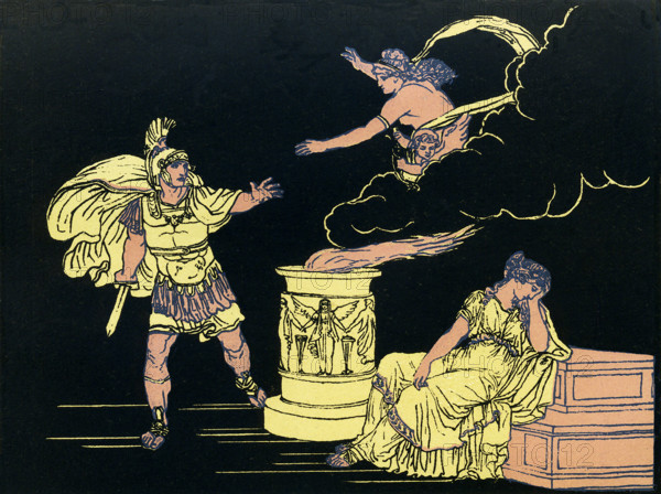 As the Greeks conquer and destroy Troy, Aeneas who has been fighting for Troy turns to home, as he remembers his elderly father Anchises is there. On the way, He sees Helen and is about to kill her, as seen here in this 19th-century illustration, but his mother, Venus (Aphrodite), intervenes and stops him (as sen here as well). She tells him that it is not Helen to blame for the war but the gods who set all in motion.