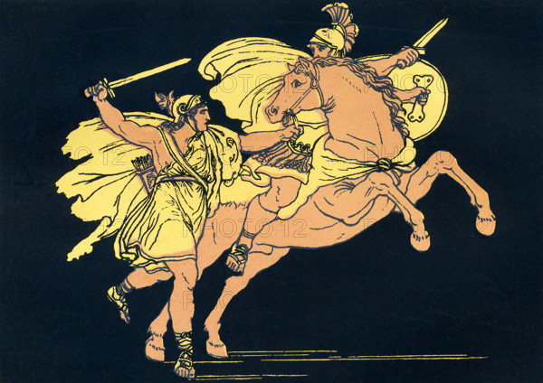 According to Greek mythology, Camilla was a member of the Volsci, an Italic tribe. Her parents were King Metabus and Casmilla. According to Virgil's Aeneid, Metabus was dethroned by his people and forced to flee. He grabbed his daughter and as the Volsci chase him, he fears for Camilla, attaches her to his spear and flings both across the River Amasenus and then swam across and got her. Later Camilla joins with Turnus, king of the Rutuli, and they fight against Aeneas and his followers who have fled Troy after the Trojans lose to the Greeks in the Trojan War.  In this illustration that dates to around 1900, Camilla engages with the son of Aunus, who is fighting with the Trojans. The son of Aunus had chnallenged Camilla to fight on foot rather than from a horse. What exactly happens, Virgil does not say.