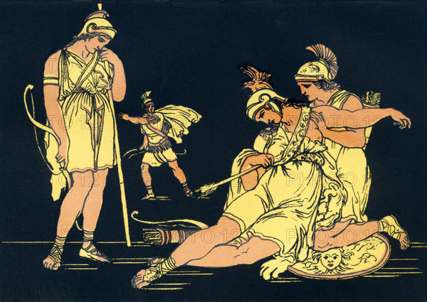 According to Greek mythology, Camilla was a member of the Volsci, an Italic tribe. Her parents were King Metabus and Casmilla. According to Virgil's Aeneid, Metabus was dethroned by his people and forced to flee. He grabbed his daughter and as the Volsci chase him, he fears for Camilla, attaches her to his spear and flings both across the River Amasenus and then he swims across and got her. Later Camilla joins with Turnus, king of the Rutuli, and they fight against Aeneas and his followers who have fled Troy after the Trojans lose to the Greeks in the Trojan War.  She is killed by the Trojan Aunus as is seen here in this illustration from around 1900.