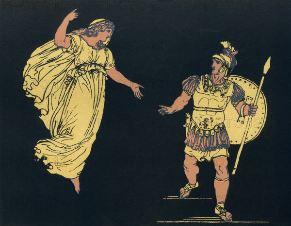 The Greeks have taken control of Troy and set it afire. The Trojan hero Aeneas prepares to escape Troy and capture by the Greeks. Aeneas manages to get his father (Anchises), son (Ascanius), and wife (Creusa). In the turmoil of escaping, Creusa somehow is lost. He doesn't understand what has happened and turns back to find her. As he looks, her ghost appears to him (as seen here) and tells him that Fate had decreed he leave Troy and that he would remarry in his new homeland.