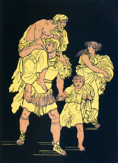 The Trojan hero Aeneas escaped his burning homeland after it was taken by the Greeks in the Trojan War and sailed west, landing eventually in Italy. Aeneas was honored by Romans as their great ancestor. This illustration, dating to around 1900, shows Aeneas fleeing burning Troy, with his father Anchises on his shoulder and his son Ascanius,whom he is holding by the hand. Behind them is Aeneas' wife Creusa, who does not, in the end, manage to escape the burning city.