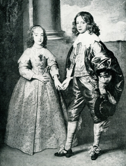 William II of Orange and Mary Stuart from a painting by Van Dyck (1599-1641). The paintiung dates to 1641. William is 14 and Mary is nine. William's father, Frederick Henry, commissioned the celebrated Flemish painter Van Dyck to portray the young Dutch prince and English princess on the occasion of their marriage in London on May 2, 1641. The union with the daughter of the English king enhanced the status of the House of Orange. On her gown Mary wears a gift from William, a large diamond brooch.