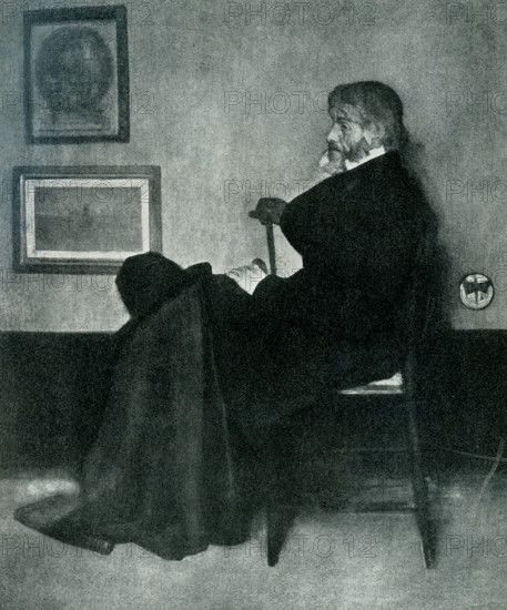 Thomas Carlyle (1795-1881) was a British man of letters. After working as a teacher and tutor, he became the interpreter of German Romanticism in his Life of Schiller and translation of Goethe's Wilhelm Meister. He was a sharp critic of British society, and he believed that people could be saved from their woes by great men. He was very influential in his time, as was his wife Jane Baille Welsh Carlyle, who gained fame as a letter writer.  This image was done by James Abbott McNeill Whistler (1834-1903), the acclaimed American, but British-based, painter born in Lowell, Massachusetts. He saw a parallel between painting and music. Among his best-known works are Whistler's Mother, Thomas Carlyle, Arrangement in Pink Red and Purple, and Mother of Pearl and Silver: The Andalusian.