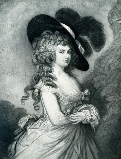 This 1903 image shows the Duchess of Devonshire, from a painting by Gainsborough. Georgiana Cavendish, Duchess of Devonshire (died 1806) was an English socialite,  political organizer, style icon, author, and activist. Thomas Gainsborough (died 1788) was an English portrait painter and landscape artist. He was a founding member of England's Royal Academy of the Arts. Among his best known works are The Blue Boy, Portrait of Mrs. Graham, The Painter's Daughters, and Cottage Girl with Dog and Pitcher. Huntington Library in California.