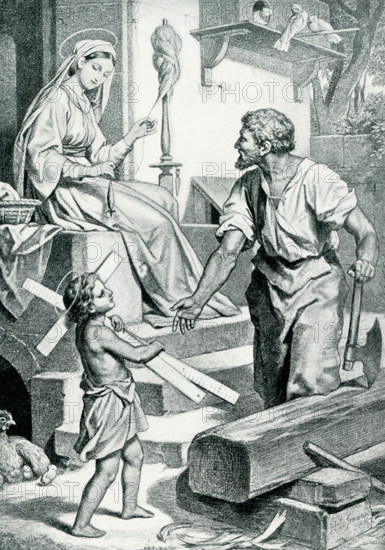 The 1903 caption reads: ""Childhood of Christ from painting by Hoffman 1824."" Jesus is the Greek name for the Hebrew Joshua (savior). Christ is the Greek translation of the Hebrew Messiah (anointed). For Christians, Jesus Christ is the founder of Christianity. This illustration shows Jesus as a young boy working with and helping his father, Joseph. Pictured also is his mother, Mary. Hans Hofmann (died 1966) was a German-born American painter, renowned as both an artist and teacher. His career spanned two generations and two continents, and is considered to have both preceded and influenced Abstract Expressionism.