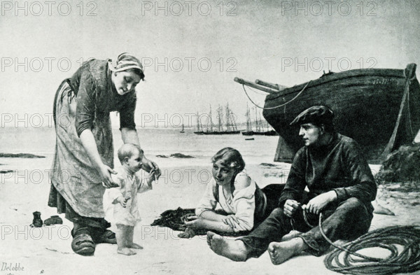 The 1903 caption reads: ""On the Beach  from painting by Delobbe 1835."" Francois-Alfred Delobbe (died 1920) was a French painter in the Naturalist style.