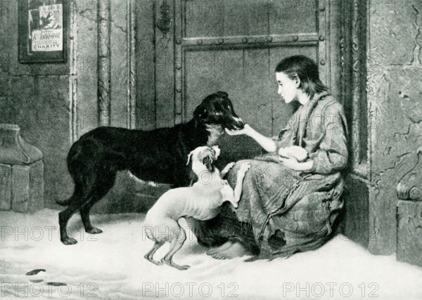 This painting, titled Charity, was done by Briton Riviere in 1872. A little girl in ragged clothes sitting barefoot in the snow, on the right, against a large wooden door, feeding two stray dogs from a small piece of bread she holds. There is a poster on the wall to left that includes the following text 'V R / Year 1870 / Notice .. A Sermon / .. Charity'. Briton Riviere was a British artist of Huguenot descent. He exhibited a variety of paintings at the Royal Academy, but devoted much of his life to animal paintings.