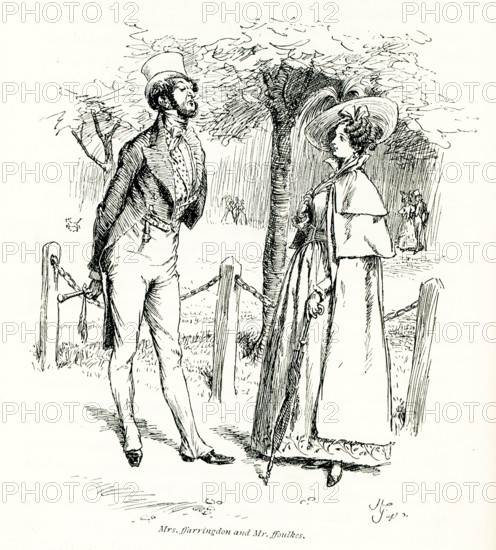 The 1891 caption reads: ""Mrs ffaringdon and Mr ffoulkes."" It is taken from Mrs Gaskell's novel Cranford and illustrated by Hugh Thomson. Elizabeth C Gaskell (died 1865), often referred to as Mrs Gaskell, was an English novelist, biographer, and short story writer. Her novels offer a detailed portrait of the lives of many strata of Victorian society, including the very poor. Her first novel, Mary Barton, was published in 1848. Gaskell's The Life of Charlotte Bronte, published in 1857, was the first biography of Bronte. Among Gaskell's best known novels is Cranford (1851-53). Hugh Thomson (died 1920) was an Irish Illustrator born at Coleraine near Derry. He is best known for his pen-and-ink illustrations of works by authors such as Jane Austen, Charles Dickens, and J. M. Barrie.