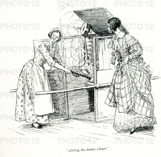 The 1891 caption reads: ""Airing the Sedan Chair"" - spoken by Martha. It is taken from Mrs Gaskell's novel Cranford and illustrated by Hugh Thomson. Elizabeth C Gaskell (died 1865), often referred to as Mrs Gaskell, was an English novelist, biographer, and short story writer. Her novels offer a detailed portrait of the lives of many strata of Victorian society, including the very poor. Her first novel, Mary Barton, was published in 1848. Gaskell's The Life of Charlotte Bronte, published in 1857, was the first biography of Bronte. Among Gaskell's best known novels is Cranford (1851-53). Hugh Thomson (died 1920) was an Irish Illustrator born at Coleraine near Derry. He is best known for his pen-and-ink illustrations of works by authors such as Jane Austen, Charles Dickens, and J. M. Barrie.