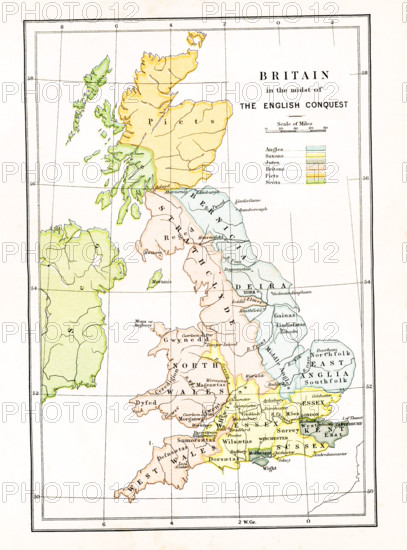 This map shows Britain at the time when it was in the middle of the English Conquest, fron the fifth century A.D. to the 11th century A.D. The blue represents the Angles; the yellow, the Saxons; the grey, the Jutes; the pink, the Britons; the orange, the Picts; and the green, the Scots.