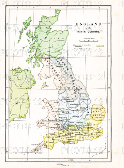 This map shows Britain in the 9th century A.D. The legend has yellow as representing Wessex and its immediate dependencies. A plus-sign marks the site of battles.