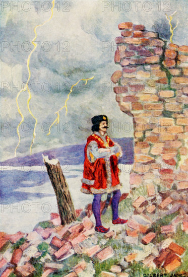 The caption for this illustration reads: When the castle collapsed, Maximus was hit by the falling tower but he did not seriously hurt. According to Serbian myth, Maximus was a prince who contracted a virus that left him very ugly. He fell in love with a Venetian Doge's daughter. Another Serbian vied for her and the battles were terrible. But she agreed to marry Maximus, not caring about his ugliness. The illustration is from a 1921 book on Serbian myths and legends.