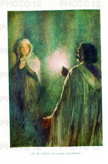 The caption for this illustration reads: and the rays the girl shone. King Michael of Leyden had a daughter and the Tsar Doushan wanted a wife. Doushan sent an official named Theodor to check her out. The scene here shows Theodor with the Princess Roksanda. The place was dark, but he had a magic ring that provided light. She was beautiful and he gave her the ring from Doushan.  The illustration is from a 1921 book on Serbian myths and legends.