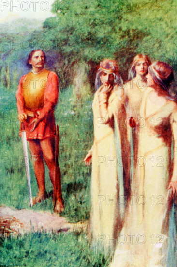 The caption for this illustration reads: The two looked at their companion who was standing in the middle with a petrified look! The one is the middle is the princess Roksanda. The three maidens, according to Serbian myth, were terrified. The man is Milosh, who brought the princess to the tsar Doushan who wanted to marry her. One companion emained as her lady-in-waiting. Milosh kept the third maiden for himself. The illustration is from a 1921 book on Serbian myths and legends.