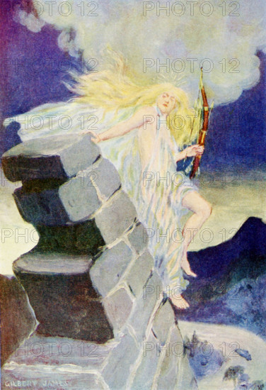 The caption for this illustration reads: Here the veela holds a bow, while she climbs along the wallthat is part of Skadra's fortress. The veela had advised King Vukashin not to waste the treasures on building a fortress on insecure foundation. The illustration is from a 1921 book on Serbian myths and legends.