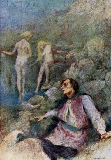 The caption for this illustration reads:  The veele came to the spring to bathe. In Serbian myth, veele are water nymphs. The youth here is a prince, whose father, the king, had died, and whose brother cunningly took all his money and inheritance and eyes from him. As he sits by the spring (seen here), he overhears the veele talk abotu the healing properties of the water and that the king of the land where he is now has leprosy. The prince washes his eye sockets and his sight is returned. He then takes water to the king for his daughter. She is cured and they marry. The jealous brother goes to the spring where he knew his brother had sat after losing his eyes. He sits there and hears the veele, too. But the veele are angry that someone knows their secret. They see the brother and kill him. The illustration is from a 1921 book on Serbian myths and legends.