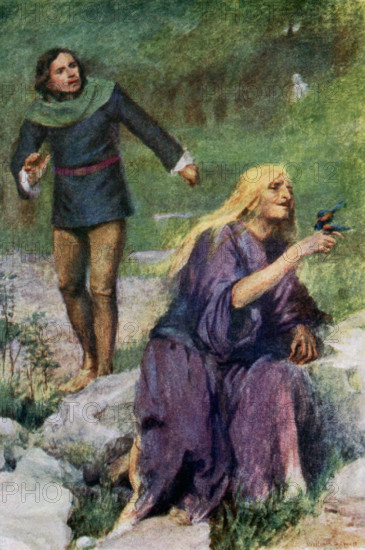 The caption for this illustration reads: The old woman was absorbed in playing with the bird. A king had a son and wanted a suitable bride for him. After no luck, the prince decided to kill himself, but a voice told him to find an old woman with gold hair, grabher hiar, and take the bird she is holding. The prince does so (as seen here) and the old woman becomes a princess - they marry and live happily. The illustration is from a 1921 book on Serbian myths and legends.