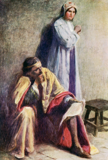 The caption for this illustration reads: He could not find a word to say. According to the tale: An old man went to the palace of the tsar to beg. The tsar was amazed at his eloquent speech  and asked how he came to speak as he d id. Th eold man said his daughter had taught him. The tsar then assigned the old man impossible tasks. The daughter reocgnized them and had her father counter each with an impossible task for the tsar to do. Finally, the tsar wanted to meet the daughter, fell in love and married her. The girl had one condition that if he left her, she could take with her what she valued most. Years later the tsar told his wife to leave - she did but asked to stay one night. She got the tsar drunk and then placed him in a coach and the two went back to her father. When the tsar woke, he was angry, the girl showed him the letter with her one demand (shown here) - what she had taken was the tsar himself. He fell in love again, and they all went back to the palace. The The illustr...