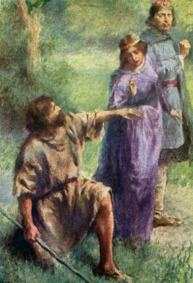 The caption for this illustration reads: Pray give me your hand so that I may see your ring. According to the tale: A rich man sent his son to trade, but the son took pity on slaves and used his money to free them. Among them was a tsar's daughter and her nurse. The girl and boy fell in love and married The boy's father was furious but relented and sent him again and again into the world to trade each time, the boy gave his money to help less fortunate. By c hnace they met up with the tsar, but the tsar's minister decieved the boy and threw him overboard. He landed on a baren island, where a man helped him, in return for half of whatever he would have. The boy reaches the town of the tsar and sees his wife, about to marry the minister. He puts out his hand, with his wedidng ring (see here). She sees it and the story and treachery are known. The old man asks for his half, the boy gives it to him. But the man says he is an angel, rewarding him for his good deeds and vanishes. The illustr...