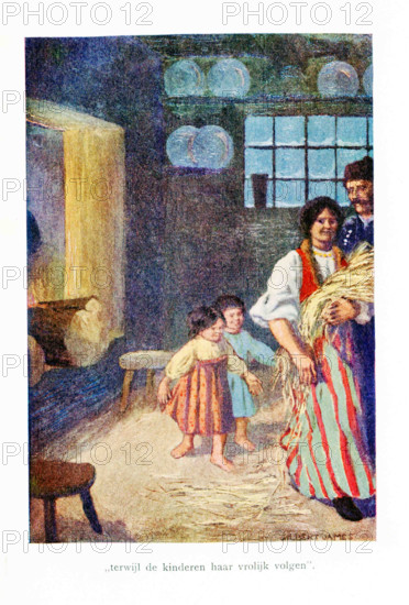 The caption for this illustration reads: While the children follow her gaily. The scene here is Christmas time, the day before Christmas, when a bundle of straw is strewn across the floor. The straw represents Jesus Christ's humble birth. The illustration is from a 1921 book on Serbian myths and legends.