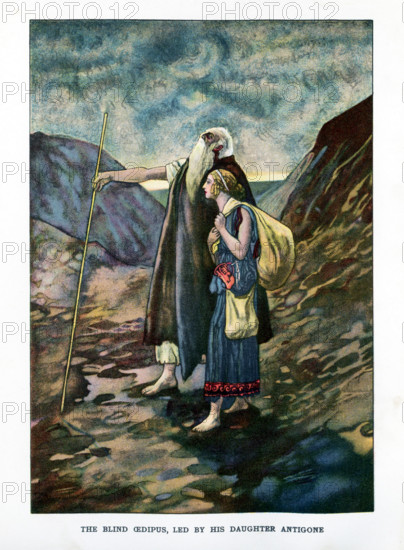 Antigone was the daughter of the Greek king of Thebes Oedipus and his wife Jocasta. Oedipus had unknowingly killed his father Laius and married his mother. After Oedipus blinded himself, having discovered the truth about his parentage and his marriage, he left Thebes. Antigone went with him, along with her sister Ismene, and stayed with him until his death. She then returned to Thebes. This early 20th-century illustration shows the blind Oedipus, with his daughter Antigone as guide, in the lands beyond the city of Thebes.